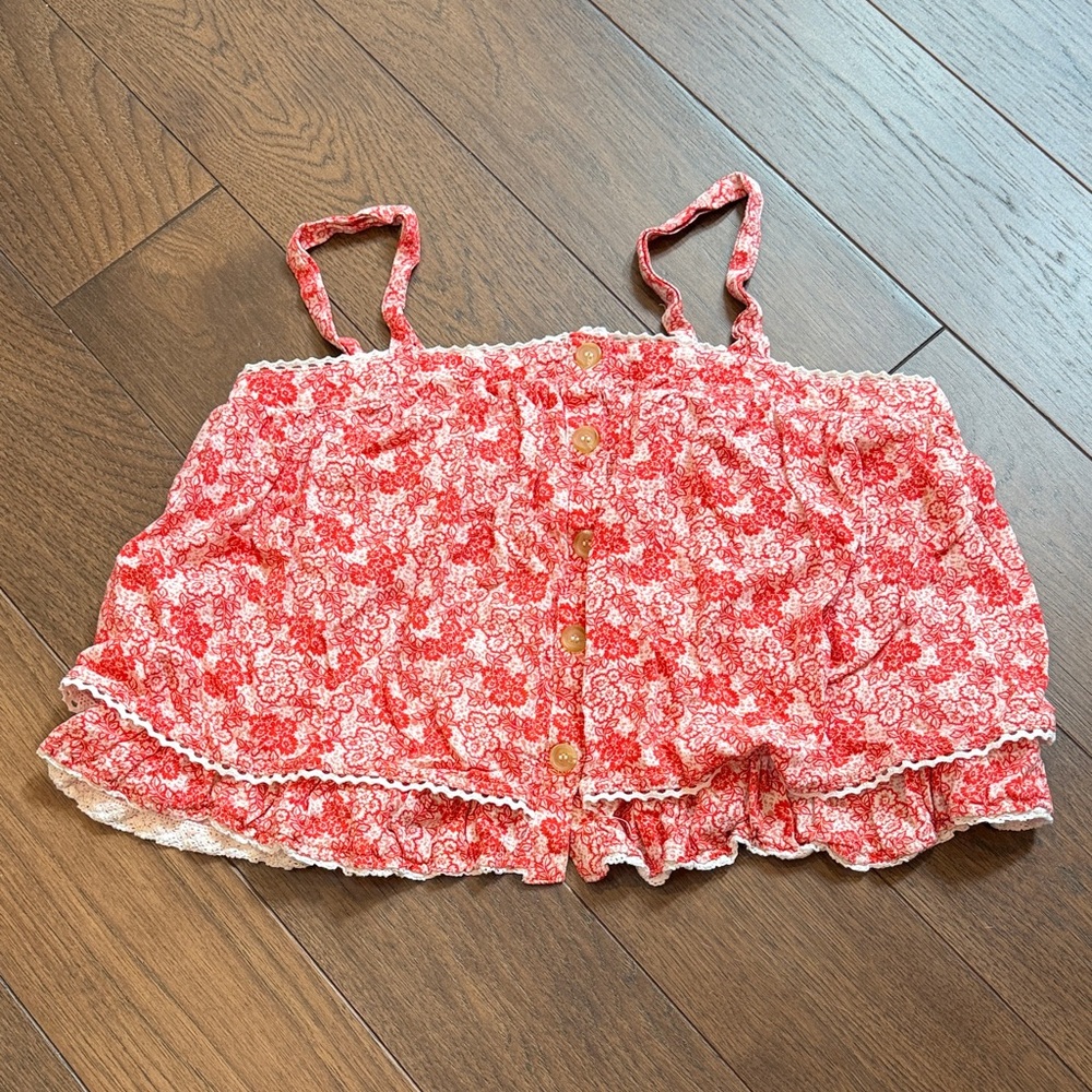 Altar'd State Red Floral Summer Crop Top with Lace Trim Size Medium C3-094